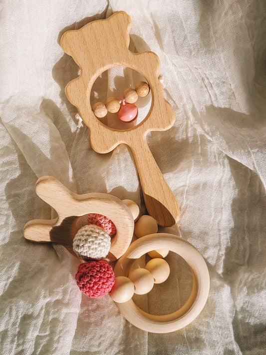 Bunny and Bear Wooden Rattle Baby Gift Set